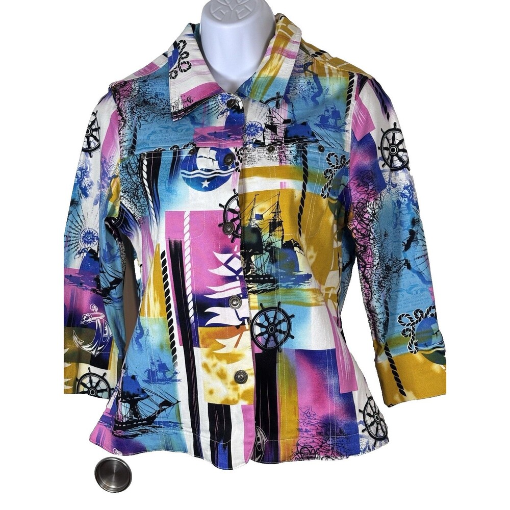 KAK TUS Women Colorful Nautical Print Jacket  3/4 Sleeve Button Front Medium Y2K